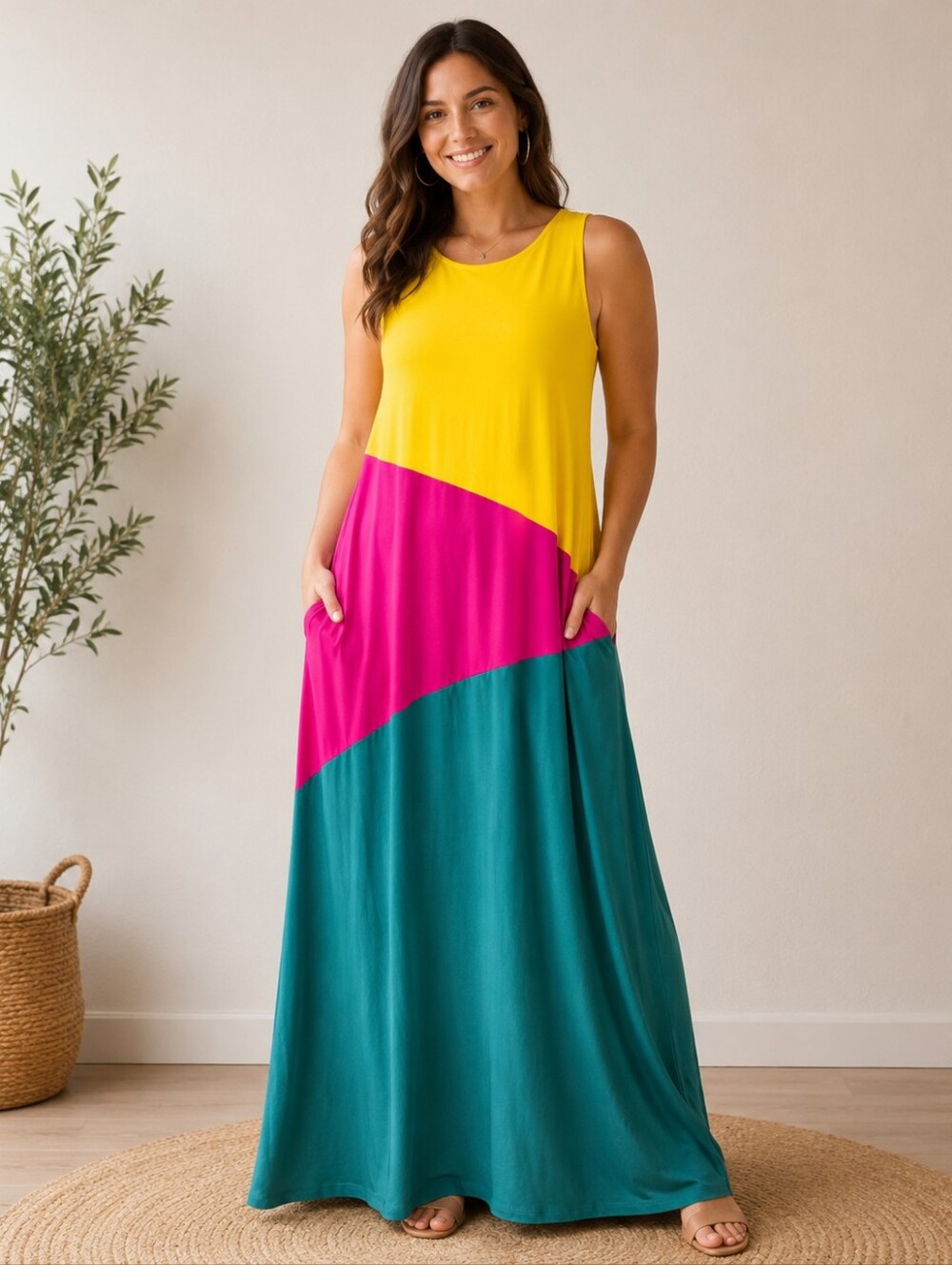 SHEIN Yellow Pink Teal Colorblock Tank Maxi Dress